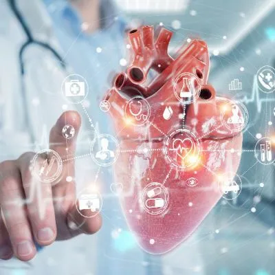 A digital medical illustration of a human heart overlaid with glowing healthcare icons and data points.