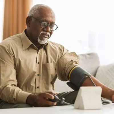An older Black man with glasses and a white goatee sitting on a couch, using a home blood pressure monitor.